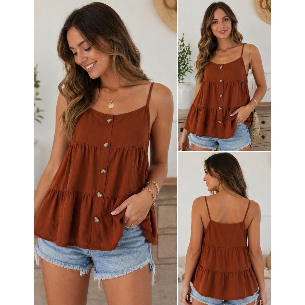 Paper Crane Tiered Cami Top Women Small Rust Brown Boho Babydoll